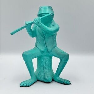 Vintage Brass Patina Figure Flute Playing Frog